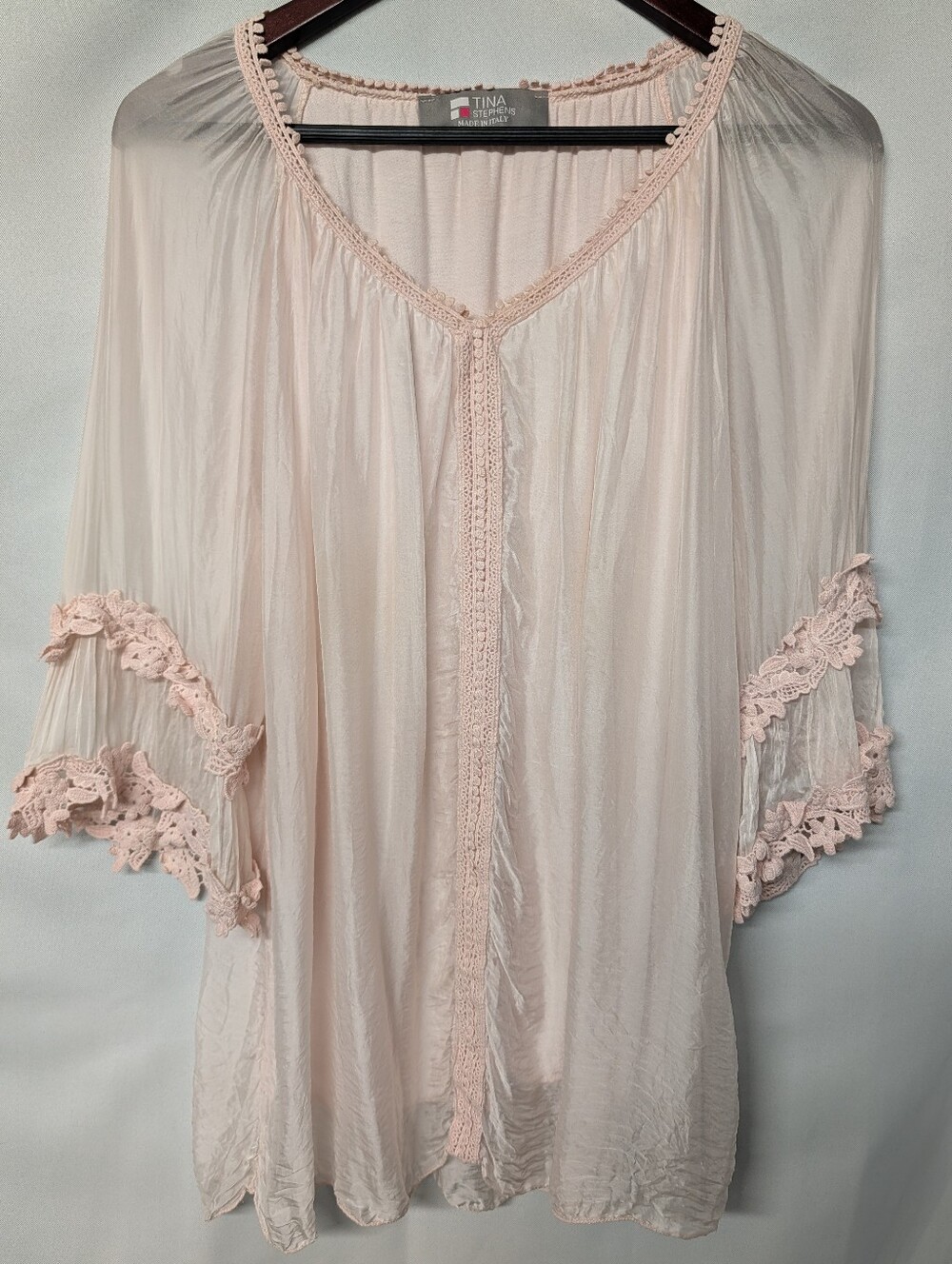 Tina Stephens Silky Sheer Blush Crochet Trim Blouse Quarter Sleeve Size M/ L